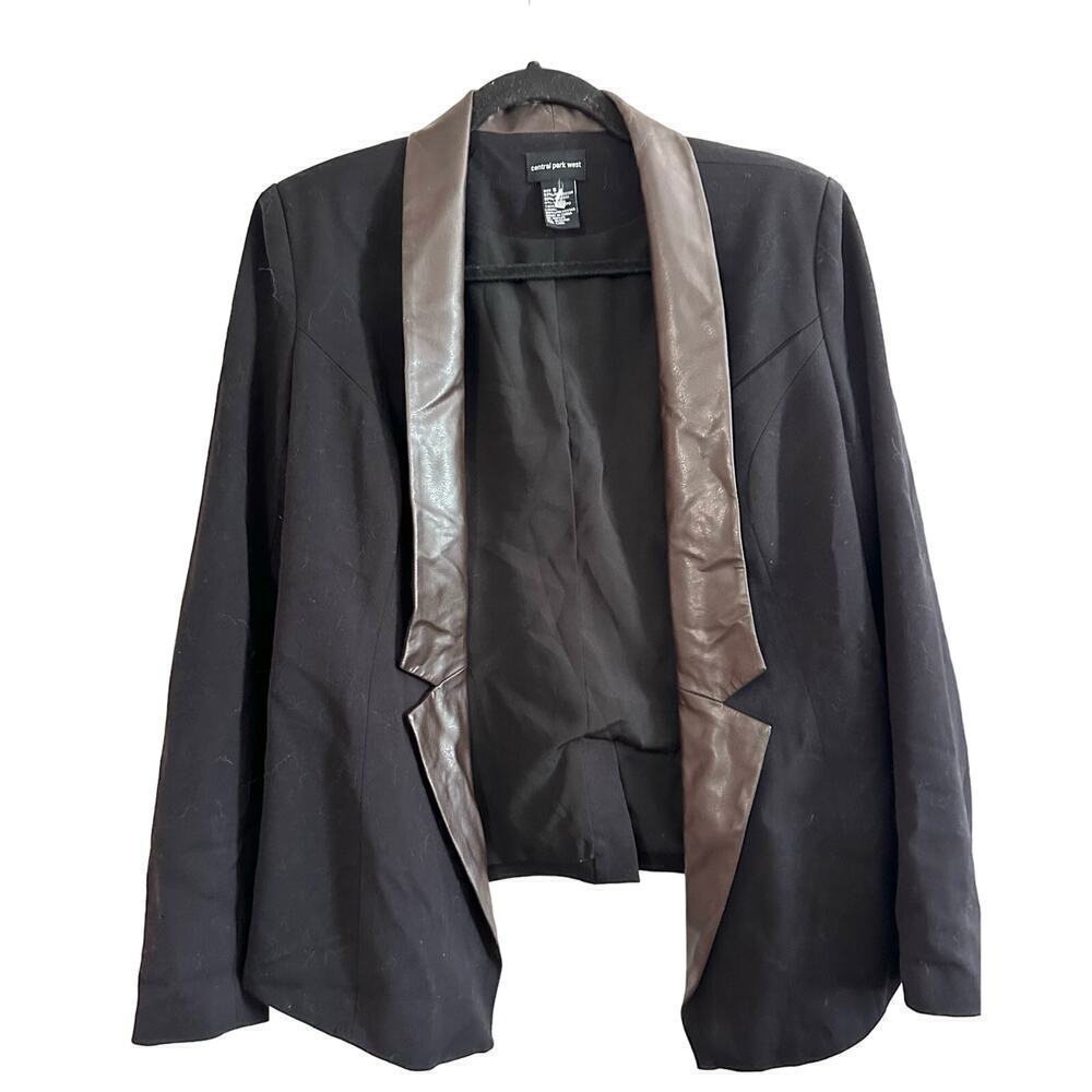 CENTRAL PARK WEST Black Blazer with Brown Faux Vegan Leather Trim Lapel - Small
